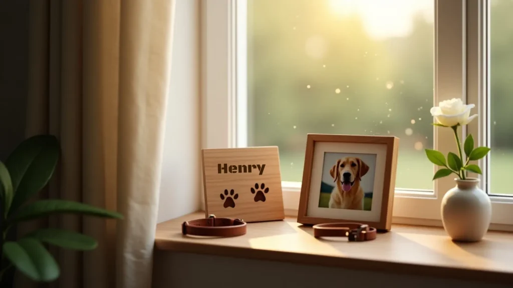 A personalised wooden plaque with a pet photograph, symbolising a DIY pet memorial idea